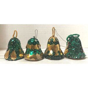 Vintage Handmade Sequined Bell Ornaments Set Of 4 Gold & Green Christmas